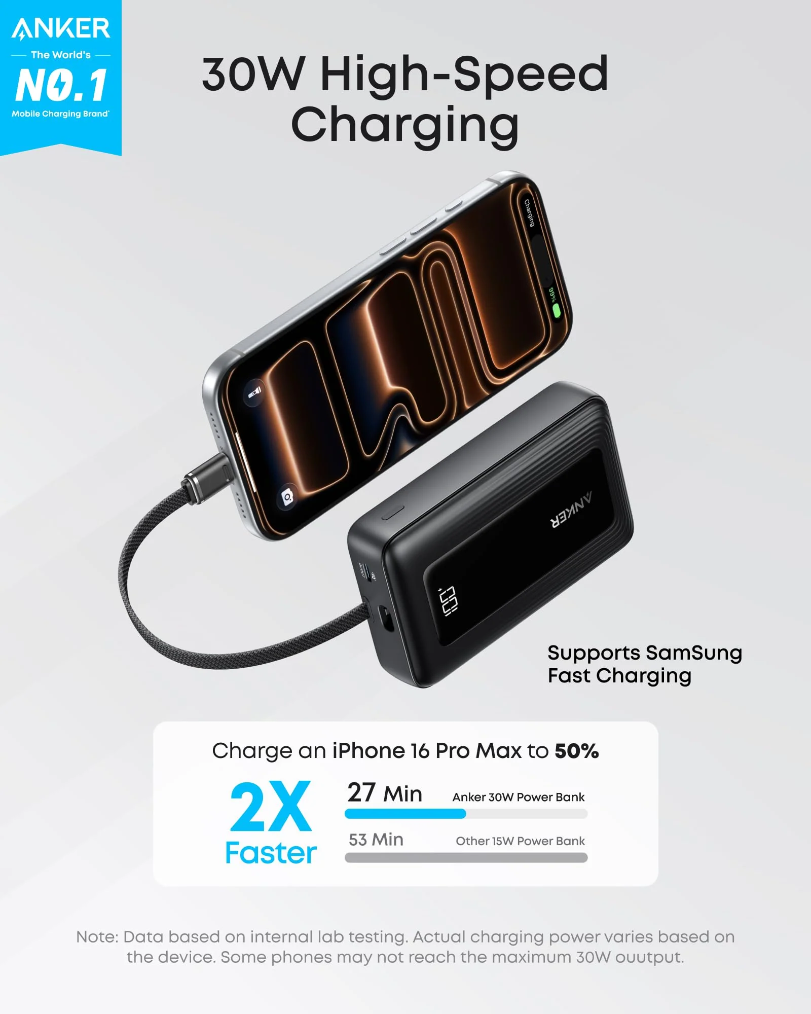 Anker Zolo Power Bank (10K, 30W) with a 5.4-inch (13.7 cm) built-in USB-C cable. - Image 2