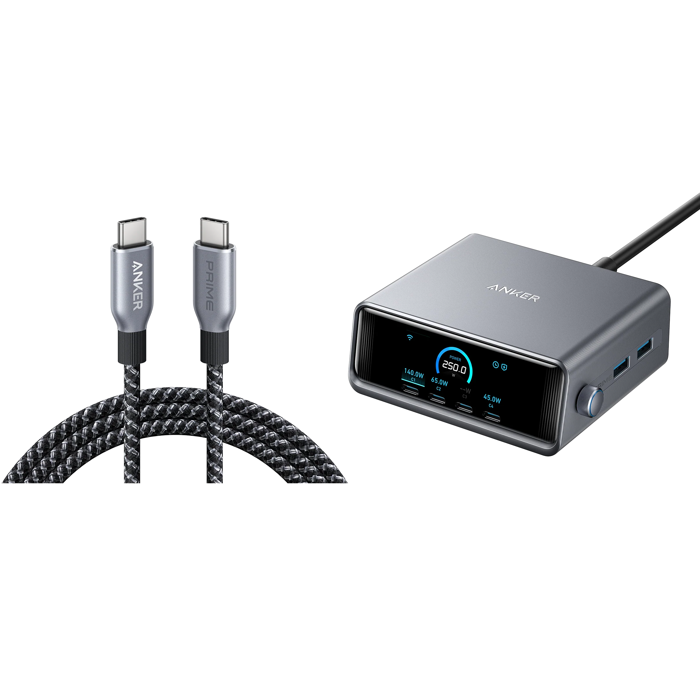 Anker Prime Charger (250W, 6 Ports, GaNPrime) with USB-C to USB-C Cable (240W)