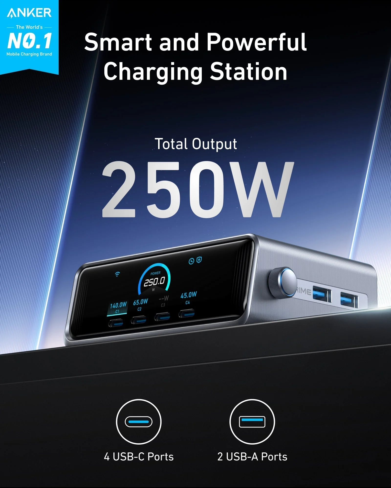 Anker Prime Charger (250W, 6 Ports, GaNPrime) with USB-C to USB-C Cable (240W) - Image 2