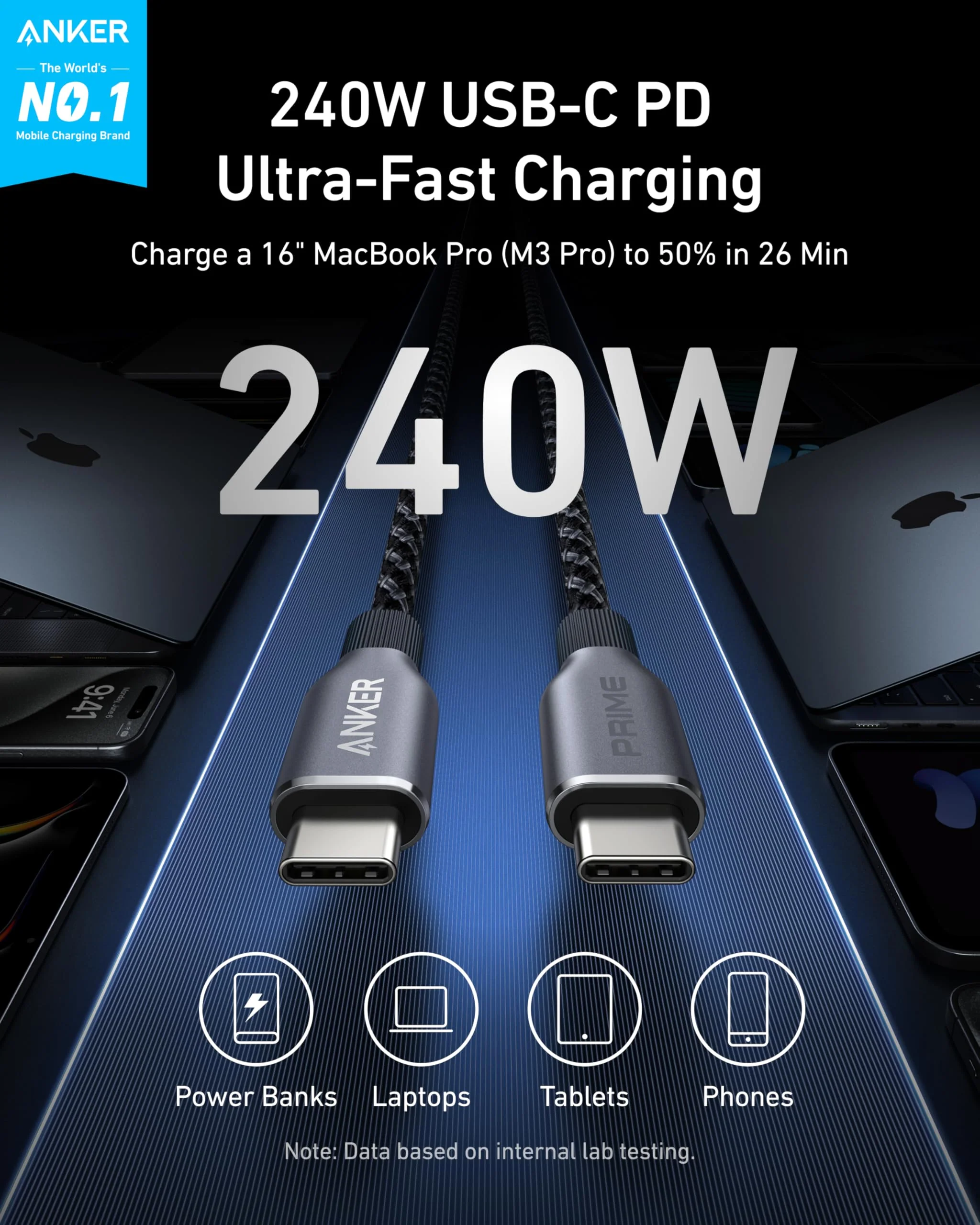 Anker Prime Charger (250W, 6 Ports, GaNPrime) with USB-C to USB-C Cable (240W) - Image 7