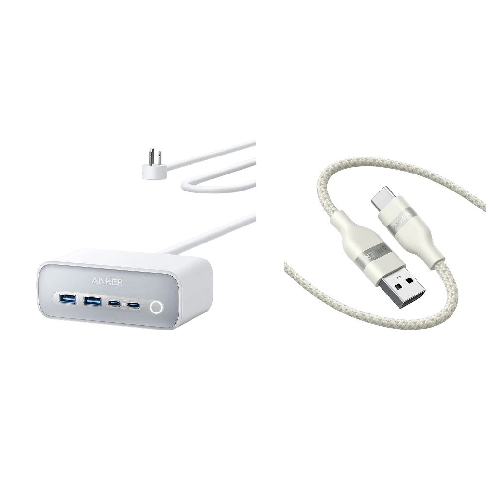 Anker 525 Charging Station and Anker USB-A to USB-C Cable (3 ft/6 ft, Upcycled-Braided)