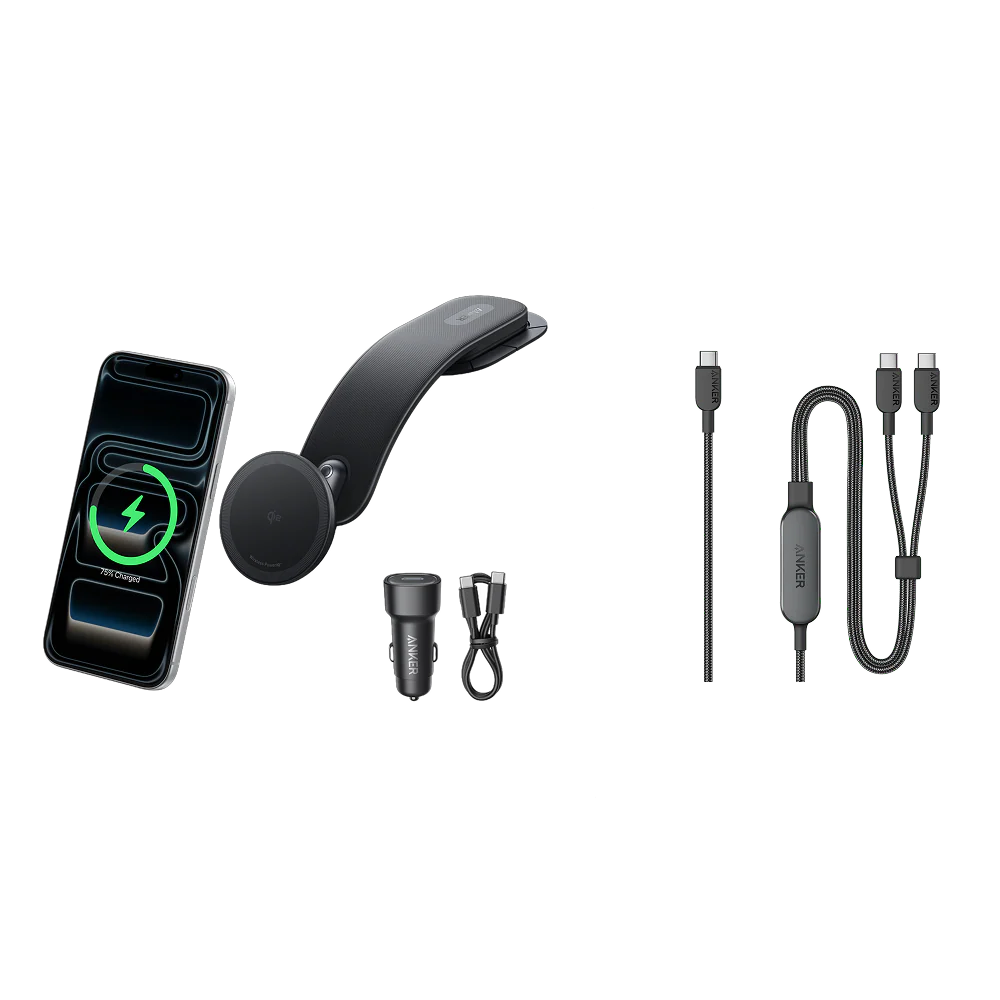 Anker Nano Wireless Car Charger (Magnetic, Detachable Pad) and Anker 140W 2-in-1 USB-C to USB-C Cable