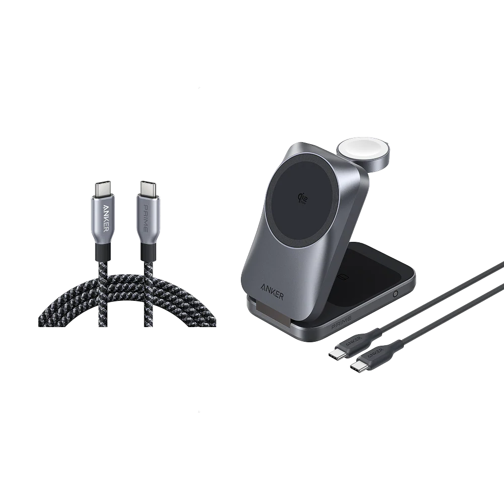 Anker Prime Wireless Charging Station (3-in-1, MagGo, AirCool, Foldable) and Anker Prime USB-C to USB-C Cable (240W, Upcycled-Braided)